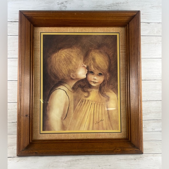 A Little Kiss First Kiss Print by Margaret Keane Boy Kissing Girl MCM Big Eyes - Picture 1 of 15